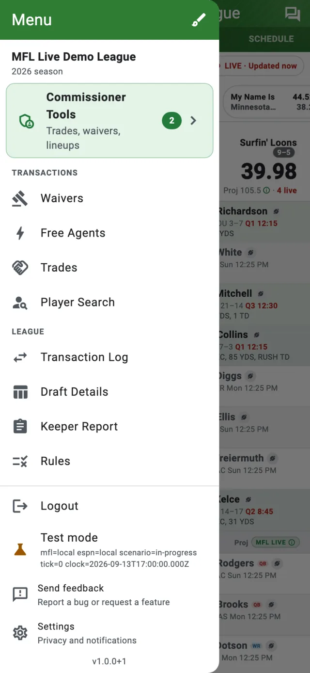 MFL Live side menu with the Commissioner Tools card near the top
