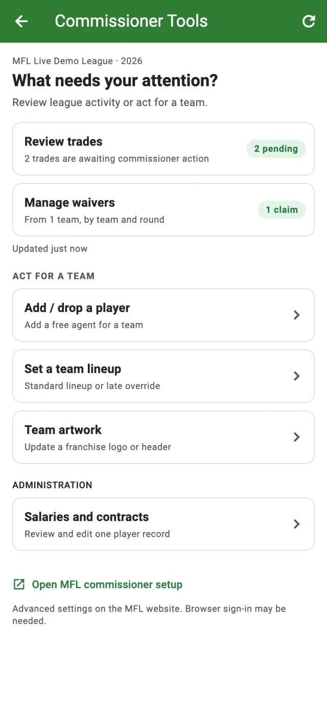 Commissioner Tools with the Team artwork card under Act for a team