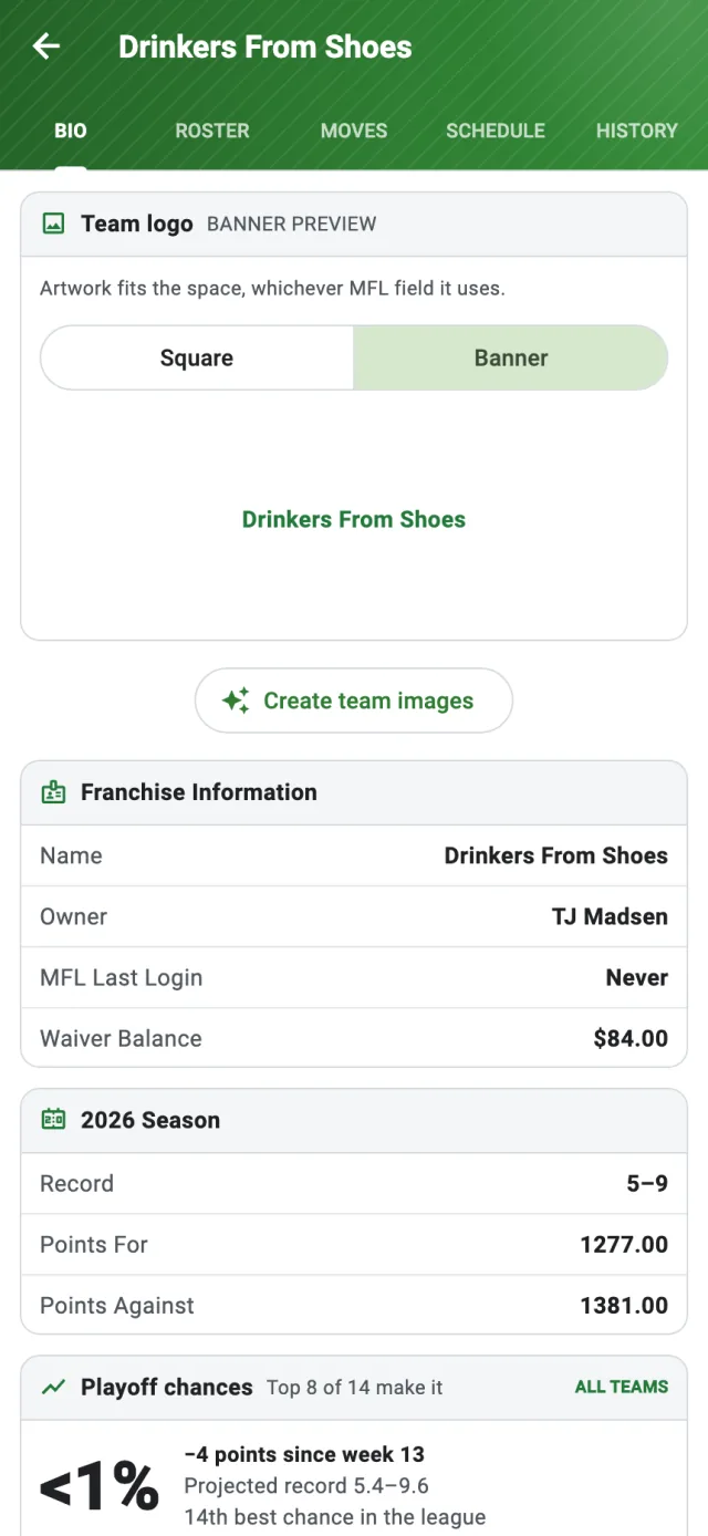 A team franchise page on the BIO tab with the Create team images button below the artwork