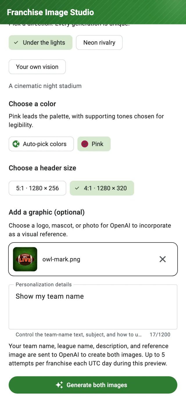 Franchise Image Studio showing selected color and header size, a reference image, personalization details, and the Generate both images button