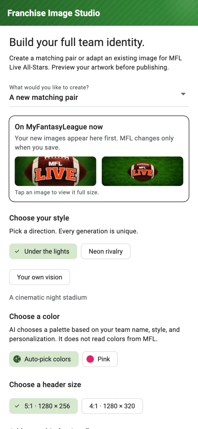 Franchise Image Studio showing the creation type menu and realistic current MFL icon and header