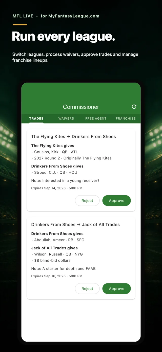 Commissioner dashboard for reviewing trades, processing waivers, and managing franchise lineups