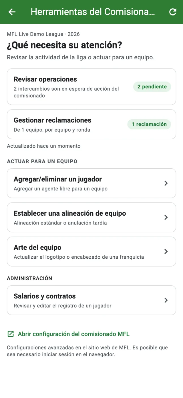 Panel del comisionado para revisar intercambios, procesar waivers y gestionar alineaciones