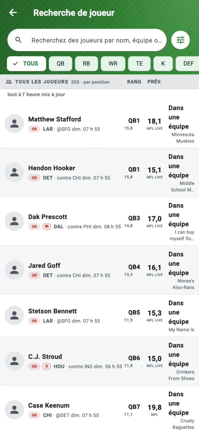 Résultats de recherche avec postes, projections, disponibilité et actions d’ajout ou de réclamation