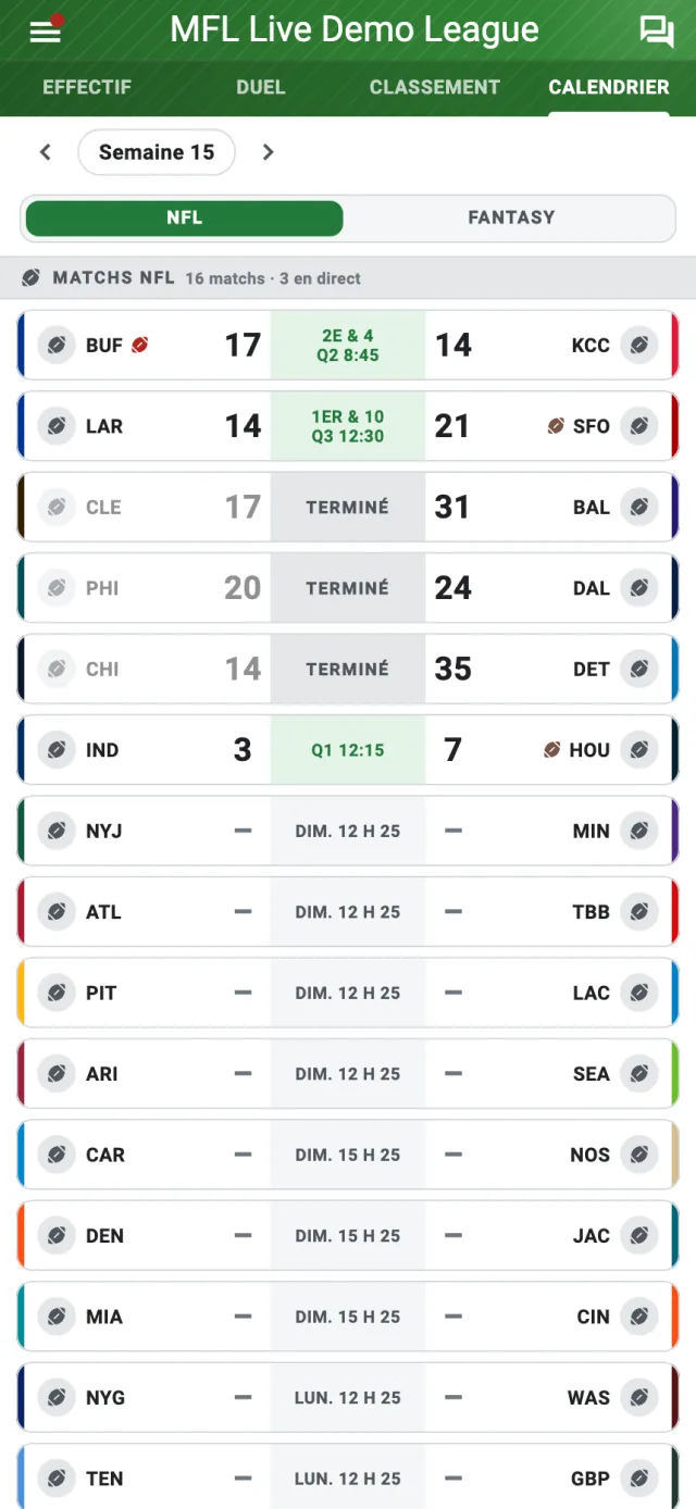 Tableau des scores avec matchs fantasy compacts et sélection des matchs NFL