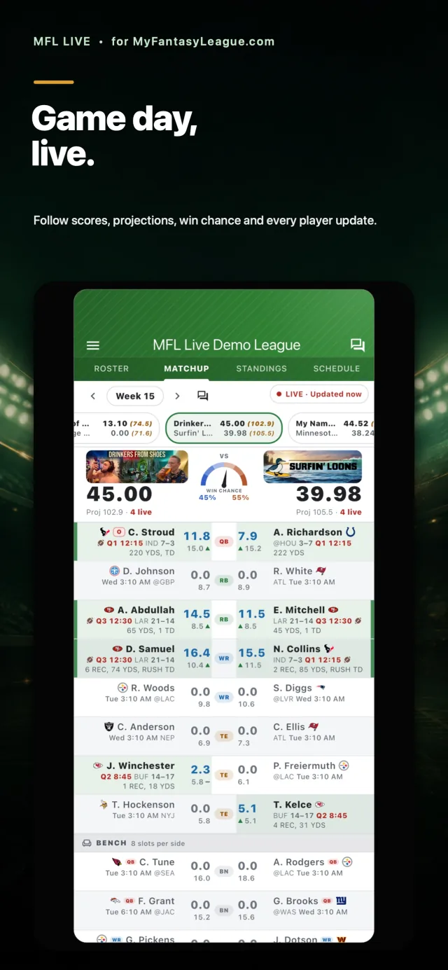 MFL Live matchup showing live scores, projections, player updates, and win chance