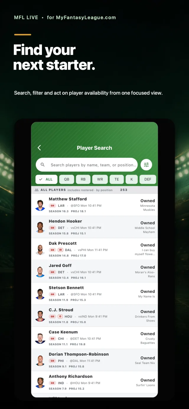 Player Search results showing positions, projections, availability, and add or claim actions