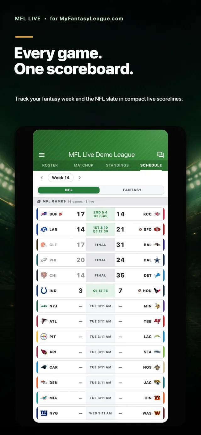 Schedule scoreboard with compact fantasy matchups and an NFL slate toggle